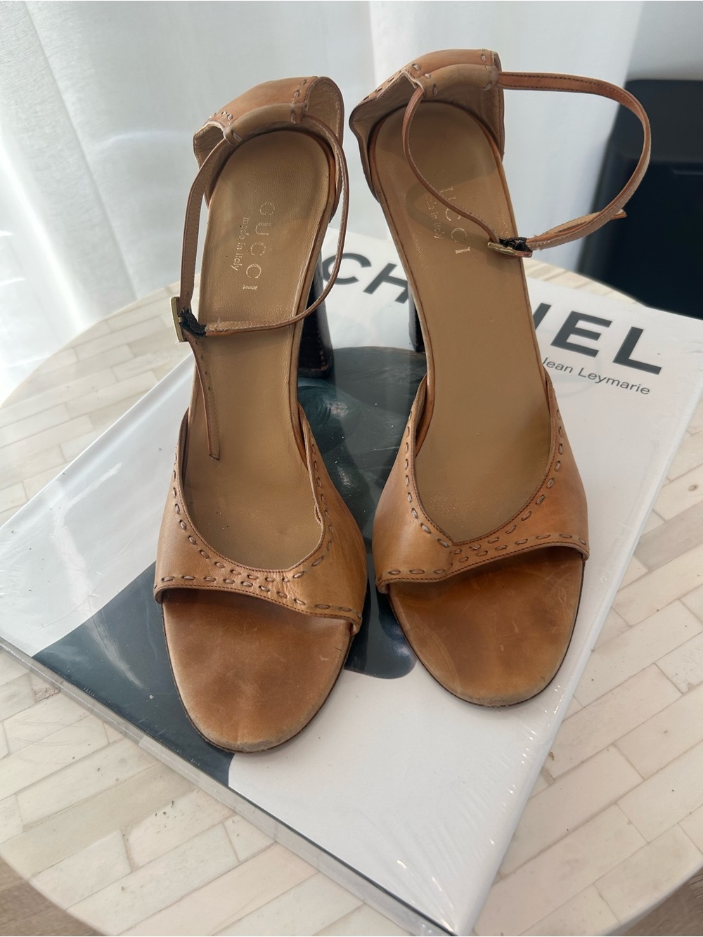 Gucci Brown Leather Open-Toe Ankle-Strap Heels